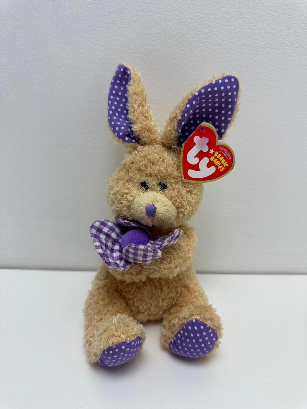 Ty Beanie Baby “Petunia” the Bunny Holding Purple Flower (7 inch)